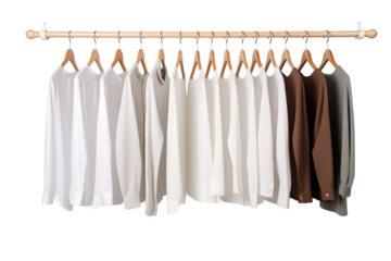 A Row of Crisp White Shirts and Sweaters Hanging on a Wooden Rail on a White or Clear Surface PNG Transparent Background