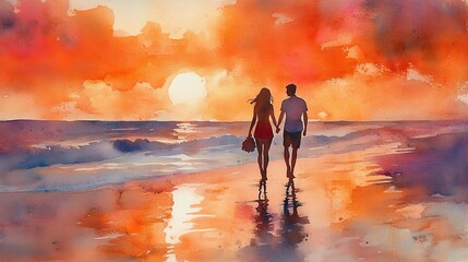 Fototapeta premium A romantic sunset scene featuring a couple walking hand in hand along a beach, with vibrant colors reflecting on the water.