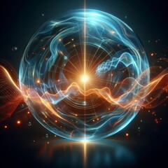 Obraz premium Futuristic abstract neon energy ball with glowing magical waves on dark background 
