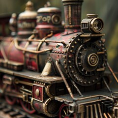 Fototapeta premium This miniature steam train showcases intricate details and craftsmanship in a close-up view, emphasizing its vintage design and craftsmanship in a dynamic environment