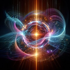 Obraz premium Futuristic abstract neon energy ball with glowing magical waves on dark background 