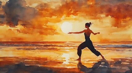 A serene silhouette of a woman practicing yoga at sunset by the ocean, embodying peace and tranquility in nature.