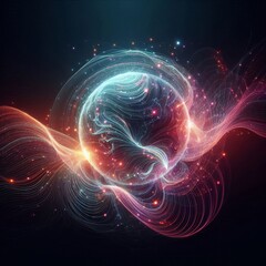 Futuristic abstract neon energy ball with glowing magical waves on dark background
