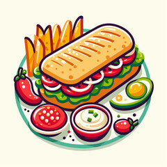 Mexican food set. Guacamole, chiltomate, quesadillas, chile ennogada, nachos, enmoladas, burritos, tamales, tacos, fajitas, etc. Vector illustration isolated on white background.