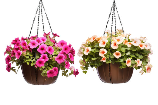 A Pair Of Vibrant Hanging Baskets Blooming With Pink And Peach Petunias on a White or Clear Surface PNG Transparent Background