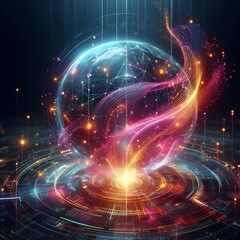 Futuristic abstract neon energy ball with glowing magical waves on dark background

