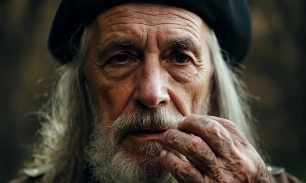 Portrait of an Elderly Man with a Long White Beard and Hat, Exuding Wisdom and Experience