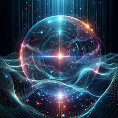 Obraz premium Futuristic abstract neon energy ball with glowing magical waves on dark background 