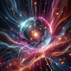 Obraz premium Futuristic abstract neon energy ball with glowing magical waves on dark background 