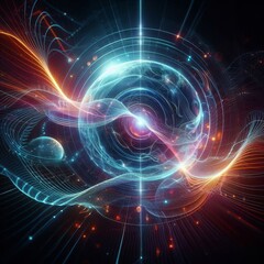 Obraz premium Futuristic abstract neon energy ball with glowing magical waves on dark background 