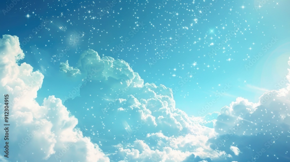 Poster a clear view of a starry night with fluffy white clouds, great for use in astronomy or nature themes