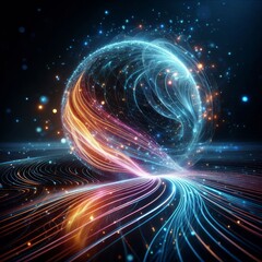 Fototapeta premium Futuristic abstract neon energy ball with glowing magical waves on dark background 