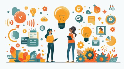 vector, ilustration, Various character doodle illustration of people finding creative ideas concept, thinking, reading, find solution or knowledge, imagination. Outline, linear, thin line art, hand dr