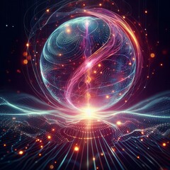 Obraz premium Futuristic abstract neon energy ball with glowing magical waves on dark background 