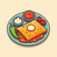 Mexican food set. Guacamole, chiltomate, quesadillas, chile ennogada, nachos, enmoladas, burritos, tamales, tacos, fajitas, etc. Vector illustration isolated on white background.