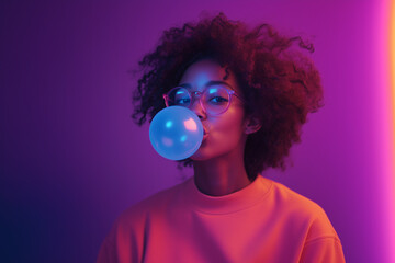 A captivating portrait of an African American woman with curly hair and glasses, blowing bubble gum against a purple background illuminated by neon lights. The soft glow accentuates her vibrant outfit