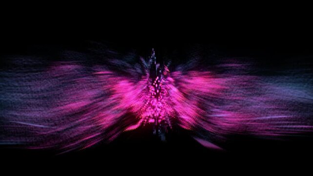 Wave motion of bright dotted lines on black background. Abstract visualization of digital sound processing, sound waves equalizer and audio frequency signal. 4K looped motion of 3D digital soundwaves