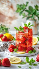 A glass of water filled with fresh strawberries and lemon slices, creating a refreshing and flavorful beverage