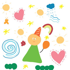 Cute children's drawing, children doodle colorful illustration