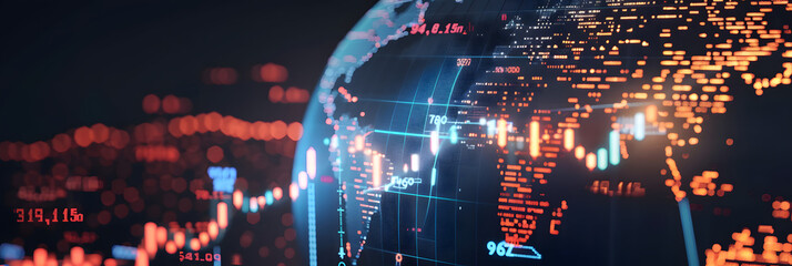Digital globe with stock market charts and global financial data. economic forces in the world. background burning red graphs and blue numbers 