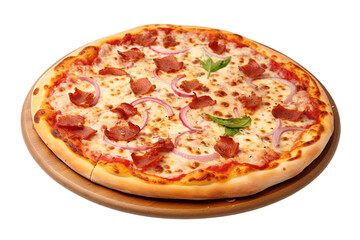 A Deliciously Decadent Pizza Topped With Bacon and Onions on a White or Clear Surface PNG Transparent Background
