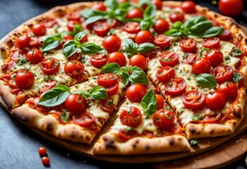 Pepperoni pizza with tomatoes, close up photo, juicy food on the table