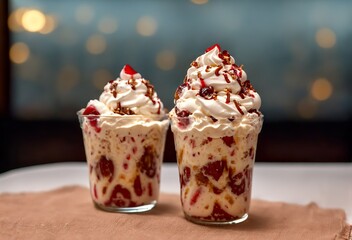 Assorted sundy ice cream with whipped cream and syrup