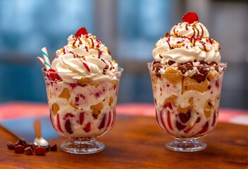 Assorted sundy ice cream with whipped cream and syrup