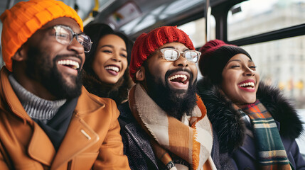 Diverse group of friends in coordinated outfits laughing on city bus 