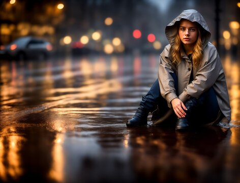 Girl sitting on wet pavement in the middle of the road.
