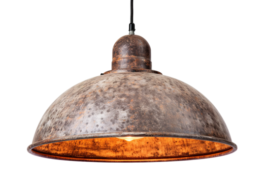 Rustic Industrial Pendant Lamp With Distressed Metal Shade on a White or Clear Surface PNG Transparent Background