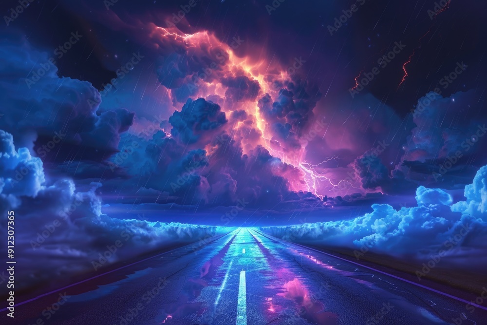 Poster a long stretch of road under cloudy sky with lightning flashing in the background