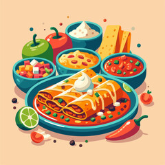 Mexican food set. Guacamole, chiltomate, quesadillas, chile ennogada, nachos, enmoladas, burritos, tamales, tacos, fajitas, etc. Vector illustration isolated on white background.