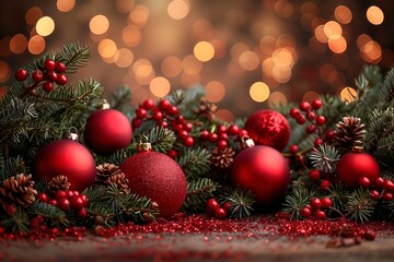 Festive christmas decorations with red ornaments and pine cones on a table, copyspace for text, tree baubles ornament