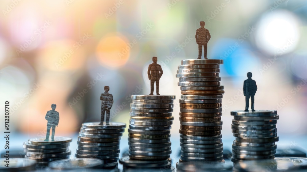 Poster a collection of small figures gathered on a stack of currency, great for illustrations and concept a