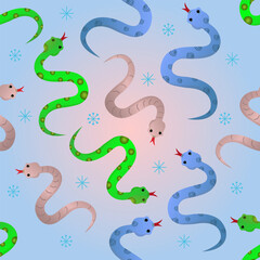 Seamless pattern with cute different snakes. Vector illustration in simple modern style, Bright animal pattern, Cheerful background with reptiles, Exotic print of jungle snakes, Children's cartoon orn