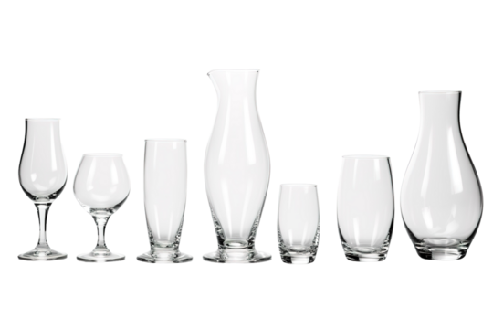 A Collection of Empty Glassware for Serving Drinks on a White Background on a White or Clear Surface PNG Transparent Background