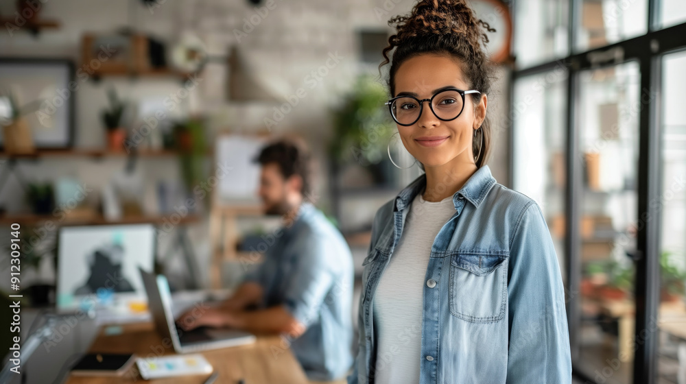Wall mural a young smiling woman in glasses holds an open laptop and looks at the camera on a white background