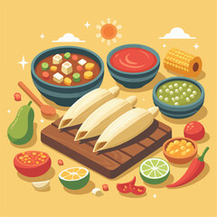 Mexican food set. Guacamole, chiltomate, quesadillas, chile ennogada, nachos, enmoladas, burritos, tamales, tacos, fajitas, etc. Vector illustration isolated on white background.