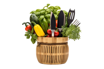 A Colorful Harvest of Fresh Vegetables and Kitchen Utensils in a Rustic Bamboo Basket on a White or Clear Surface PNG Transparent Background