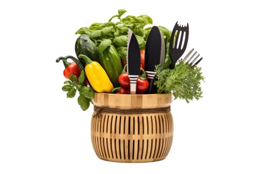 A Colorful Harvest of Fresh Vegetables and Kitchen Utensils in a Rustic Bamboo Basket on a White or Clear Surface PNG Transparent Background