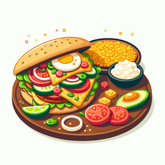 Mexican food set. Guacamole, chiltomate, quesadillas, chile ennogada, nachos, enmoladas, burritos, tamales, tacos, fajitas, etc. Vector illustration isolated on white background.