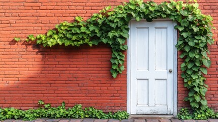 White door on brick wall with Climbing plant, green ivy or vine plant growing on antique brick wall of house,English architecture,luxury building,empty grunge urban street with warehouse brick wall.