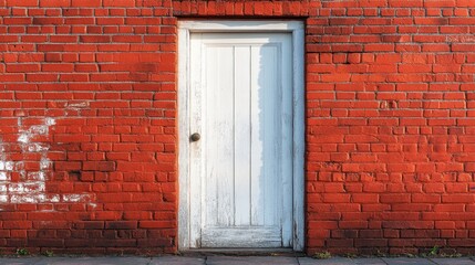 Modern single White door on brick wall in city,English architecture,luxury building,empty grunge urban street with warehouse brick wall,sidewalk by street wall and door,space for text concept.