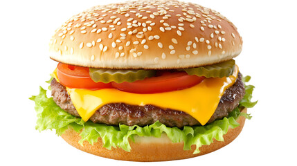 Classic Cheeseburger with Lettuce, Tomato, Pickles, and Melted Cheese on Sesame Seed Bun Isolated