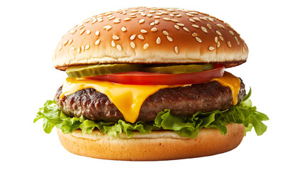 Classic Cheeseburger with Lettuce, Tomato, Pickles, and Melted Cheese on Sesame Seed Bun Isolated