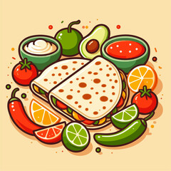 Mexican food set. Guacamole, chiltomate, quesadillas, chile ennogada, nachos, enmoladas, burritos, tamales, tacos, fajitas, etc. Vector illustration isolated on white background.