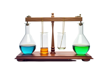 A Classic Chemistry Experiment With Colorful Liquids In Glassware On A Wooden Base on a White or Clear Surface PNG Transparent Background