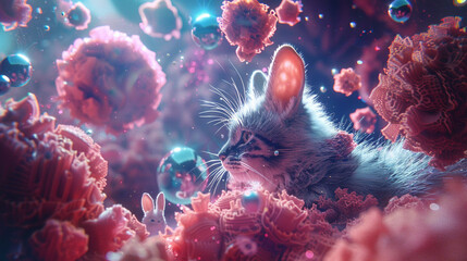 Abstract image of a cat and rabbit surrounded by floating light orbs, showing detailed fur textures and luminous particles