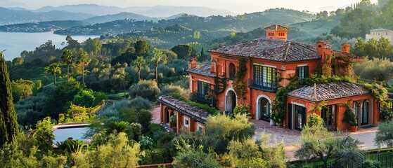 Fototapeta premium A large house with a pool and a vine covered roof sits on a hill overlooking a body of water